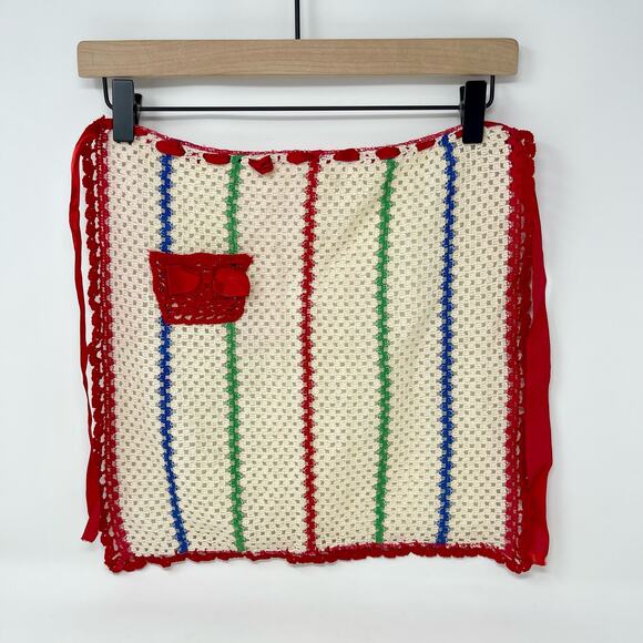 Vintage Off-White w/Red Blue Green Stripes Hand Crochet Red Pocket Half Apron - Picture 1 of 6